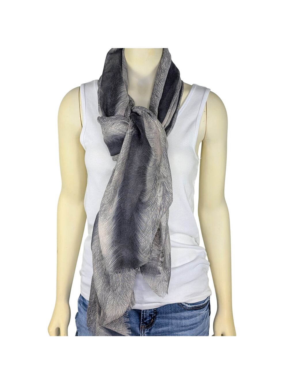 Eyelash Fringe Festival Scarf Multi Wear Wrap Feather Print Semi Sheer Boho Chic